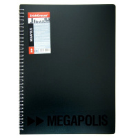 Папка 40 вкладышей "MEGAPOLIS" А4 черная спираль с карманом 14402/45996/50513
