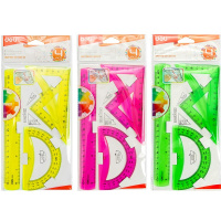 Набор 4 предмета (линейка 20см, треугольник 2шт, транспортир) пластик, неон, 3 цвета EG00402