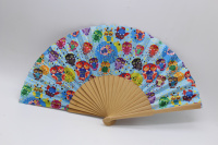 Веер 23см голубой с совами, ткань/дерево Y10618-24