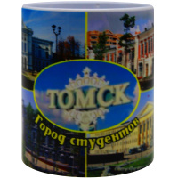Кружка 350мл "Виды Томска №5. Томск-город студентов. Достопримечательности города" белая, керамика