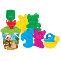 Набор д/песка №172 (ведро, ситечко, лопатка №5, грабельки №5, лейка малая №4, 4 формочки) 5150