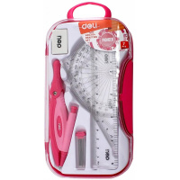 Готовальня 7 предметов (циркуль, линейка, транспортир, 2 угольника, карандаш, ластик) розовая