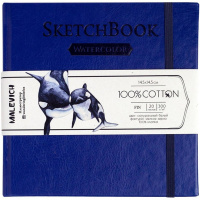 Скетчбук 14,5х14,5см 20л 300г/м2 акварельная бумага, 100% хлопок, на резинке, твердая обложка, синий