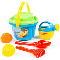 Набор д/песка №197 (ведро большое, ситечко, лопатка №5, грабельки №5, лейка малая, 2 формочки) 8969