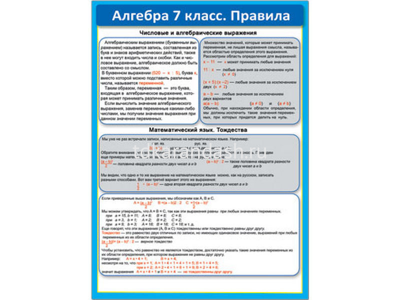 Алгебра правила 7 класс с примерами Шпаргалка "Алгебра 7 класс. Правила" 155*210 39314 купить в интернет-магазине "К
