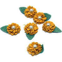 Цветок декоративный Георгин 3,5х5см с листиком и жемчугом, желтый 6шт/уп. Y9509-19