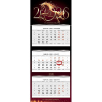 Календарь квартальный 2026 "Год Огненной Лошади" 320х790мм настенный трехблочный, 3D фольга 091692