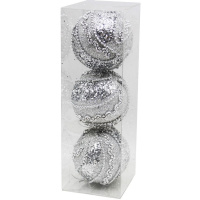 Набор шаров 80мм 3шт серебряный с серебристыми блестками и бусинами A1-31738S8