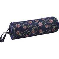 Пенал 20x6x6см, круглый, джинсовый с рисунком, розовые и золотистые цветы, с ручкой 7021714
