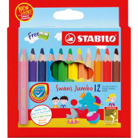 Карандаши 12 цветов "Swans Jumbo" шестигранные с точилкой дерево, укороченные, картон 1873J