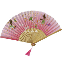 Веер 21см розовый, с кисточкой, органза/дерево Y10613-24