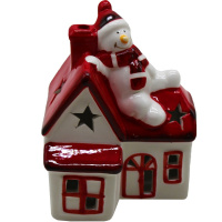 Сувенир "Снеговик на домике" 12х9см фарфор, бело-красный, светящийся Y10041-24