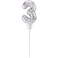 Шар воздушный 14см Цифра "3" самонадувающийся с держателем, фольга, серебро FBZ-04