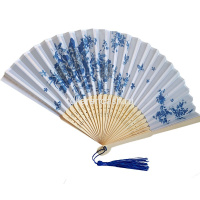 Веер 21см бело-синий, с кисточкой, органза/дерево Y10613-24