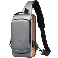 Сумка через плечо 31х16х9см 1 отделение, 3 кармана, кодовый замок, USB разъем, серая SD342