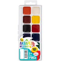 Краски акварельные 12 цветов "Учись" медовые без кисточки пластиковая упаковка LNW-0112