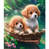 Алмазная мозаика 30х40см "Щенята в лодке" полная выкладка 89499