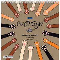 Скетчбук А5 20х20см 30л 170г/м2 "На мягких лапках" евроспираль, крафт, жесткая подложка 072408