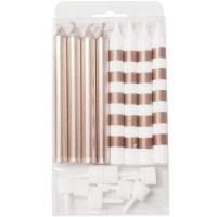 Свечи д/торта 8шт. 8см с подсвечниками Rose Gold & White в полоску 6078362