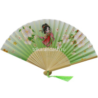 Веер 21см зеленый, с кисточкой, органза/дерево Y10613-24