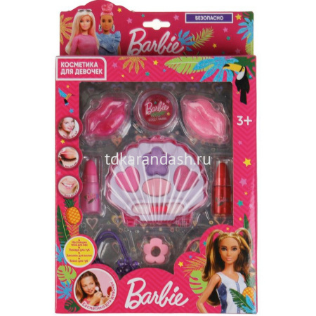 Косметика для девочек "Барби" (тени для век, блеск, помада 2шт, заколки, резинки, аппликатор)