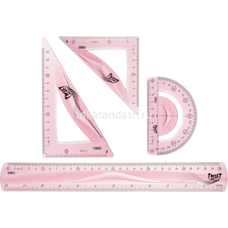 Набор 4 предмета гибкий розовый (линейка 30см, 2 треугольника 9/13см, транспортир 10см) пластик от магазина "Карандаш"