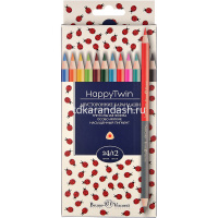 Карандаши 24 цвета "Twincolor happy" 12шт. двусторонние трехгранные дерево, картон, 4 вида 30-0080 от магазина "Карандаш"