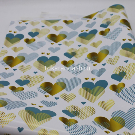 Бумага упаковочная 70см х 1м "Любовь. Золотые/голубые сердца на белом" односторонняя BJ7065 от магазина "Карандаш"