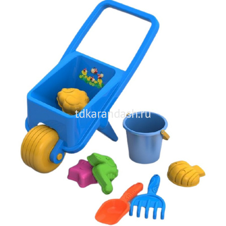 Набор д/песка №18 (тачка, ведро "Морское" среднее, совок, грабли, 4 формочки) 39х46х25см 431709H от магазина "Карандаш"