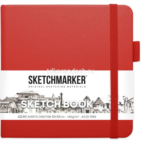 Скетчбук 12х12см 80л 140г/м2 "Sketchmarker" на резинке, твердая обложка, красный 2314202SM