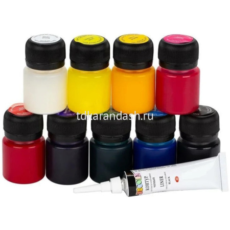 Краски витражные 9 цветов 20мл 1 контур черный Декола 42411065 от магазина "Карандаш"