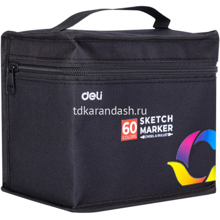 Набор маркеров двусторонних 60 цв, толщина линии 1-7мм в текстильном чехле E70806-60 от магазина "Карандаш"