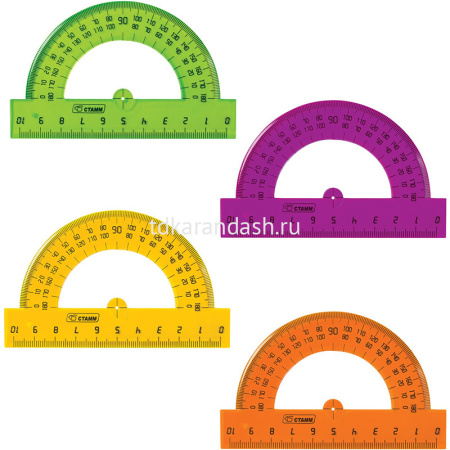 Транспортир 10см 180° флюорисцентный, прозрачный, пластик, 4 цвета ТР11/110 от магазина "Карандаш"