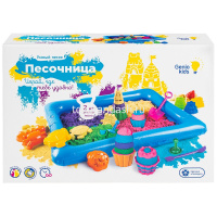 Набор "Умный песок c надувной песочницей" (песок 5цв. 400гр., 10 формочек, 2 штампика, стек, совок) от магазина "Карандаш"