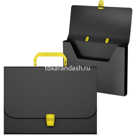 Портфель "Matt Accent" A4 35мм пластик черный с желтой ручкой и замком 50440