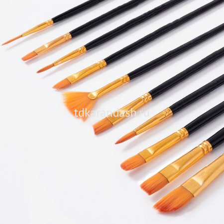 Набор кистей синтетика 10шт (плоская №3,8,10,12, круглая №0,1,2,4, скошенная №5, веерная №6) MB2412 от магазина "Карандаш"