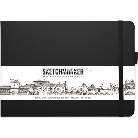 Скетчбук 14,8х21см 80л 140г/м2 "Sketchmarker" на резинке, твердая обложка, черный пейзаж 2314004SM