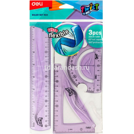 Набор 3 предмета гибкий (линейка 20см, транспортир 10см, угольник 13,5см) пластик 3 цвета EH22 от магазина "Карандаш"