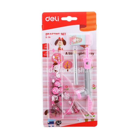 Набор чертежный 7 предметов (циркуль, линейка, транспортир, угольники, карандаш, ластик) Е9614 от магазина "Карандаш"