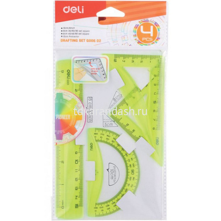 Набор 4 предмета (линейка 15см, 2 треугольника, транспортир) пластик, 3 цвета EG00602 от магазина "Карандаш"