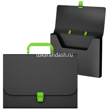 Портфель "Matt Accent" A4 35мм пластик черный с зеленой ручкой и замком 50442