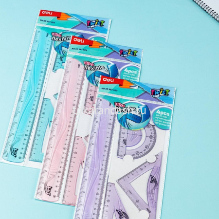 Набор 4 предмета гибкий розовый (линейка 30см, 2 треугольника 9/13см, транспортир 10см) пластик от магазина "Карандаш"