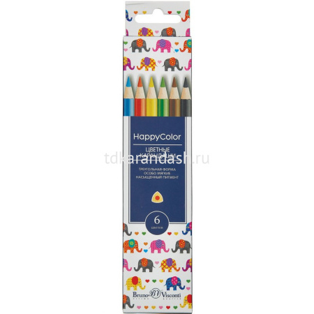 Карандаши 6 цветов "HappyColor" трехгранные дерево, картон 30-0051 от магазина "Карандаш"