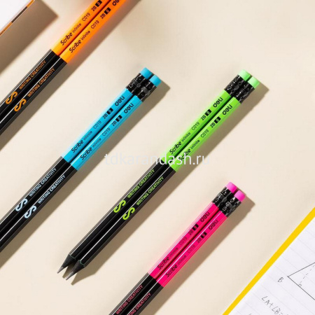 Карандаш чернографитный "Scribe" 2B, с ластиком, шестигранный, ассорти EC019-2B от магазина "Карандаш"