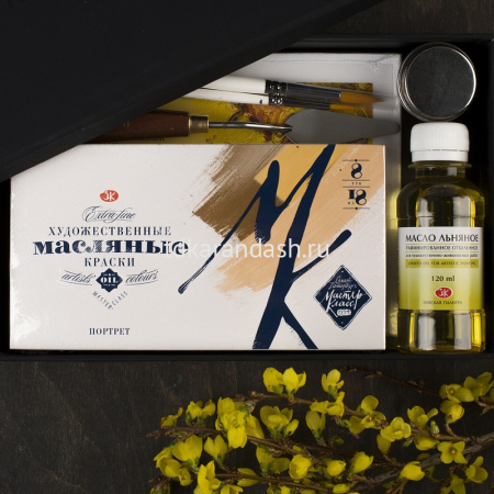 Подарочный набор масляных красок 8 цветов 18мл №2 (маслёнка, масло, мастихин, холст, 2 кисти) от магазина "Карандаш"