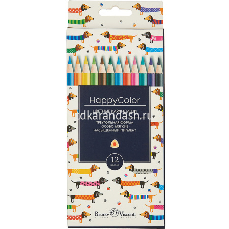Карандаши 12 цветов "HappyColor" трехгранные дерево, картон 30-0046 от магазина "Карандаш"