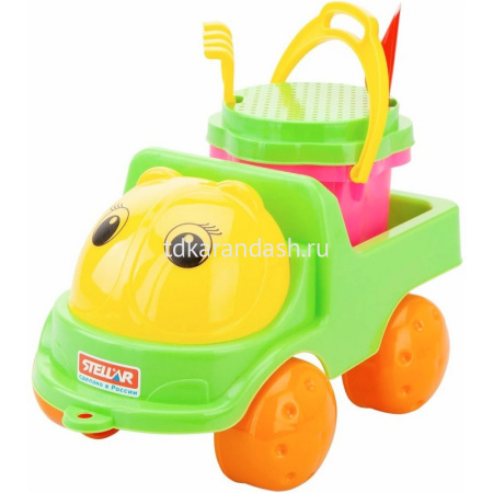 Набор д/песка № 141 (грузовик Кузнечик-2, ведро, сито, грабли, совок) 25х15х15см в сетке 01841/C от магазина "Карандаш"