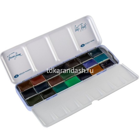 Краски акварельные 21 цвет "Грануляция" 2,5мл кюветы с палитрой в металлическом пенале 191202243 от магазина "Карандаш"