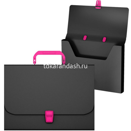 Портфель "Matt Accent" A4 35мм пластик черный с розовой ручкой и замком 50439