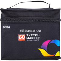 Набор маркеров двусторонних 60 цв, толщина линии 1-7мм в текстильном чехле E70806-60 от магазина "Карандаш"
